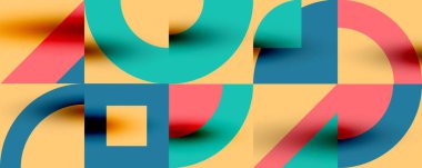 Neo memphis geometrik desenli daireler, kareler. Kapaklar, afişler, el ilanları ve posterler ve diğer şablonlar için pop sanatları soyut arka plan