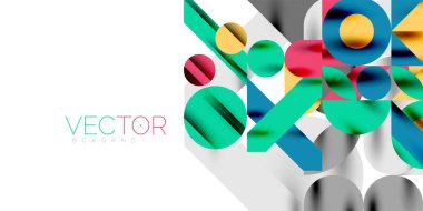 Renkli basit dinamik geometrik şekiller daire çizgileri ve yuvarlak şekiller oluşturur. Mozaik tekno sanat konsepti. Duvar Kağıdı, Sancak, Arkaplan, Kart, Kitap İllüstrasyonu, İniş Sayfası