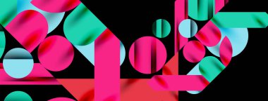 Renkli basit dinamik geometrik şekiller daire çizgileri ve yuvarlak şekiller oluşturur. Mozaik tekno sanat konsepti. Duvar Kağıdı, Sancak, Arkaplan, Kart, Kitap İllüstrasyonu, İniş Sayfası