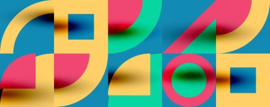 Neo memphis geometrik desenli daireler, kareler. Kapaklar, afişler, el ilanları ve posterler ve diğer şablonlar için pop sanatları soyut arka plan