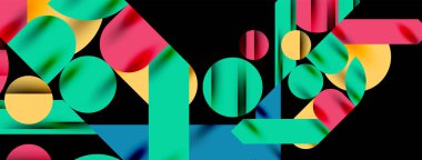 Renkli basit dinamik geometrik şekiller daire çizgileri ve yuvarlak şekiller oluşturur. Mozaik tekno sanat konsepti. Duvar Kağıdı, Sancak, Arkaplan, Kart, Kitap İllüstrasyonu, İniş Sayfası