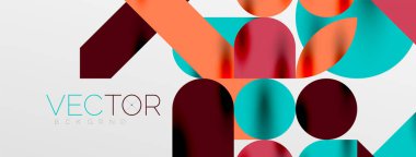 Mozaik geometrik elementler. Renkli daireler, yuvarlak geometrik şekiller ve gölgeli üç boyutlu çizgiler. Duvar kağıdı, pankart, şablon veya iniş için basit biçimler