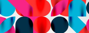 Mozaik geometrik elementler. Renkli daireler, yuvarlak geometrik şekiller ve gölgeli üç boyutlu çizgiler. Duvar kağıdı, pankart, şablon veya iniş için basit biçimler