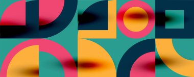 Neo memphis geometrik desenli daireler, kareler. Kapaklar, afişler, el ilanları ve posterler ve diğer şablonlar için pop sanatları soyut arka plan