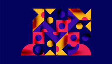 Renkli üçgenler kare geometrik tasarımı daire içine alır. Duvar kağıdı, afiş, arkaplan, kart, kitap illüstrasyonu, iniş sayfası için soyut arkaplan