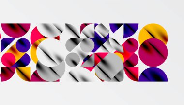 Renkli güzel daireler, yarı daireler, kareler ve yuvarlak üçgenler. Duvar kağıdı, afiş, arkaplan, kart, kitap illüstrasyonu, iniş sayfası için geometrik mozaik mozaik desen soyut arkaplan