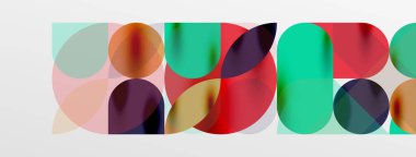 Mozaik geometrik elementler. Renkli daireler, yuvarlak geometrik şekiller ve gölgeli üç boyutlu çizgiler. Duvar kağıdı, pankart, şablon veya iniş için basit biçimler