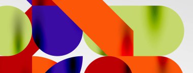 Mozaik geometrik elementler. Renkli daireler, yuvarlak geometrik şekiller ve gölgeli üç boyutlu çizgiler. Duvar kağıdı, pankart, şablon veya iniş için basit biçimler