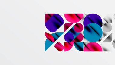 Renkli güzel daireler, yarı daireler, kareler ve yuvarlak üçgenler. Duvar kağıdı, afiş, arkaplan, kart, kitap illüstrasyonu, iniş sayfası için geometrik mozaik mozaik desen soyut arkaplan