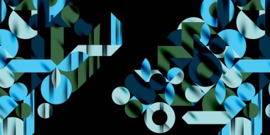 Renkli basit dinamik geometrik şekiller daire çizgileri ve yuvarlak şekiller oluşturur. Mozaik tekno sanat konsepti. Duvar Kağıdı, Sancak, Arkaplan, Kart, Kitap İllüstrasyonu, İniş Sayfası