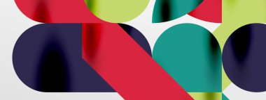 Mozaik geometrik elementler. Renkli daireler, yuvarlak geometrik şekiller ve gölgeli üç boyutlu çizgiler. Duvar kağıdı, pankart, şablon veya iniş için basit biçimler