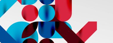 Mozaik geometrik elementler. Renkli daireler, yuvarlak geometrik şekiller ve gölgeli üç boyutlu çizgiler. Duvar kağıdı, pankart, şablon veya iniş için basit biçimler