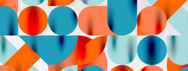 Mozaik geometrik elementler. Renkli daireler, yuvarlak geometrik şekiller ve gölgeli üç boyutlu çizgiler. Duvar kağıdı, pankart, şablon veya iniş için basit biçimler