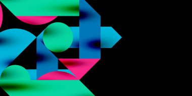 Renkli basit dinamik geometrik şekiller daire çizgileri ve yuvarlak şekiller oluşturur. Mozaik tekno sanat konsepti. Duvar Kağıdı, Sancak, Arkaplan, Kart, Kitap İllüstrasyonu, İniş Sayfası