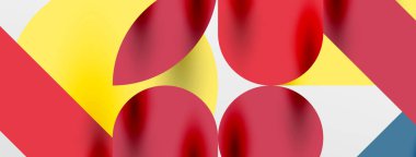 Mozaik geometrik elementler. Renkli daireler, yuvarlak geometrik şekiller ve gölgeli üç boyutlu çizgiler. Duvar kağıdı, pankart, şablon veya iniş için basit biçimler