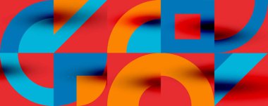 Neo memphis geometrik desenli daireler, kareler. Kapaklar, afişler, el ilanları ve posterler ve diğer şablonlar için pop sanatları soyut arka plan