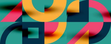 Neo memphis geometrik desenli daireler, kareler. Kapaklar, afişler, el ilanları ve posterler ve diğer şablonlar için pop sanatları soyut arka plan