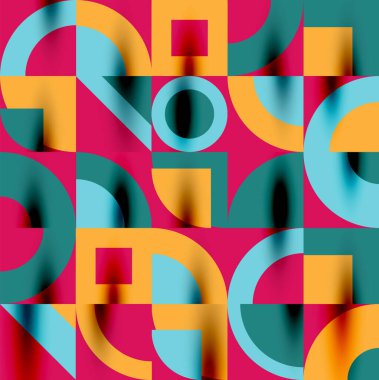 Neo memphis geometrik desenli daireler, kareler. Kapaklar, afişler, el ilanları ve posterler ve diğer şablonlar için pop sanatları soyut arka plan