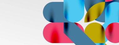 Mozaik geometrik elementler. Renkli daireler, yuvarlak geometrik şekiller ve gölgeli üç boyutlu çizgiler. Duvar kağıdı, pankart, şablon veya iniş için basit biçimler