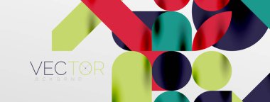 Mozaik geometrik elementler. Renkli daireler, yuvarlak geometrik şekiller ve gölgeli üç boyutlu çizgiler. Duvar kağıdı, pankart, şablon veya iniş için basit biçimler