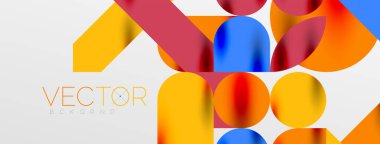 Mozaik geometrik elementler. Renkli daireler, yuvarlak geometrik şekiller ve gölgeli üç boyutlu çizgiler. Duvar kağıdı, pankart, şablon veya iniş için basit biçimler