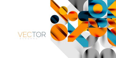 Renkli basit dinamik geometrik şekiller daire çizgileri ve yuvarlak şekiller oluşturur. Mozaik tekno sanat konsepti. Duvar Kağıdı, Sancak, Arkaplan, Kart, Kitap İllüstrasyonu, İniş Sayfası