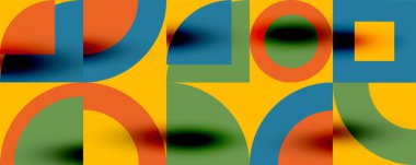 Neo memphis geometrik desenli daireler, kareler. Kapaklar, afişler, el ilanları ve posterler ve diğer şablonlar için pop sanatları soyut arka plan