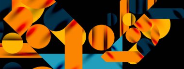 Renkli basit dinamik geometrik şekiller daire çizgileri ve yuvarlak şekiller oluşturur. Mozaik tekno sanat konsepti. Duvar Kağıdı, Sancak, Arkaplan, Kart, Kitap İllüstrasyonu, İniş Sayfası