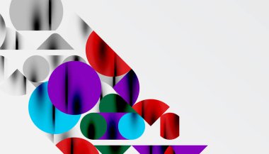 Renkli güzel daireler, yarı daireler, kareler ve yuvarlak üçgenler. Duvar kağıdı, afiş, arkaplan, kart, kitap illüstrasyonu, iniş sayfası için geometrik mozaik mozaik desen soyut arkaplan