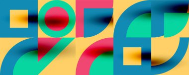 Neo memphis geometrik desenli daireler, kareler. Kapaklar, afişler, el ilanları ve posterler ve diğer şablonlar için pop sanatları soyut arka plan