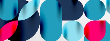 Mozaik geometrik elementler. Renkli daireler, yuvarlak geometrik şekiller ve gölgeli üç boyutlu çizgiler. Duvar kağıdı, pankart, şablon veya iniş için basit biçimler