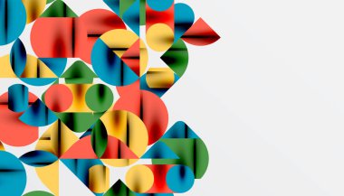 Renkli güzel daireler, yarı daireler, kareler ve yuvarlak üçgenler. Duvar kağıdı, afiş, arkaplan, kart, kitap illüstrasyonu, iniş sayfası için geometrik mozaik mozaik desen soyut arkaplan