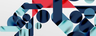 Renkli basit dinamik geometrik şekiller daire çizgileri ve yuvarlak şekiller oluşturur. Mozaik tekno sanat konsepti. Duvar Kağıdı, Sancak, Arkaplan, Kart, Kitap İllüstrasyonu, İniş Sayfası