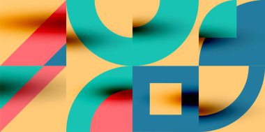 Neo memphis geometrik desenli daireler, kareler. Kapaklar, afişler, el ilanları ve posterler ve diğer şablonlar için pop sanatları soyut arka plan