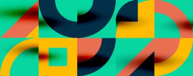 Neo memphis geometrik desenli daireler, kareler. Kapaklar, afişler, el ilanları ve posterler ve diğer şablonlar için pop sanatları soyut arka plan