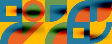 Neo memphis geometrik desenli daireler, kareler. Kapaklar, afişler, el ilanları ve posterler ve diğer şablonlar için pop sanatları soyut arka plan