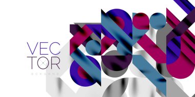 Renkli basit dinamik geometrik şekiller daire çizgileri ve yuvarlak şekiller oluşturur. Mozaik tekno sanat konsepti. Duvar Kağıdı, Sancak, Arkaplan, Kart, Kitap İllüstrasyonu, İniş Sayfası