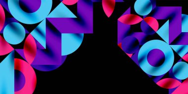 Renkli basit dinamik geometrik şekiller daire çizgileri ve yuvarlak şekiller oluşturur. Mozaik tekno sanat konsepti. Duvar Kağıdı, Sancak, Arkaplan, Kart, Kitap İllüstrasyonu, İniş Sayfası