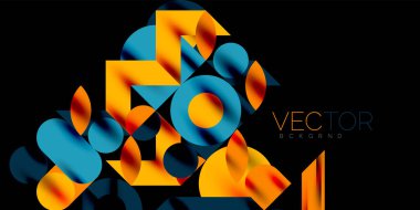 Renkli basit dinamik geometrik şekiller daire çizgileri ve yuvarlak şekiller oluşturur. Mozaik tekno sanat konsepti. Duvar Kağıdı, Sancak, Arkaplan, Kart, Kitap İllüstrasyonu, İniş Sayfası