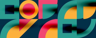 Neo memphis geometrik desenli daireler, kareler. Kapaklar, afişler, el ilanları ve posterler ve diğer şablonlar için pop sanatları soyut arka plan