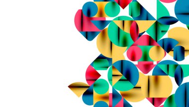 Renkli güzel daireler, yarı daireler, kareler ve yuvarlak üçgenler. Duvar kağıdı, afiş, arkaplan, kart, kitap illüstrasyonu, iniş sayfası için geometrik mozaik mozaik desen soyut arkaplan