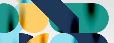 Mozaik geometrik elementler. Renkli daireler, yuvarlak geometrik şekiller ve gölgeli üç boyutlu çizgiler. Duvar kağıdı, pankart, şablon veya iniş için basit biçimler