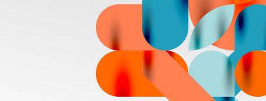 Mozaik geometrik elementler. Renkli daireler, yuvarlak geometrik şekiller ve gölgeli üç boyutlu çizgiler. Duvar kağıdı, pankart, şablon veya iniş için basit biçimler