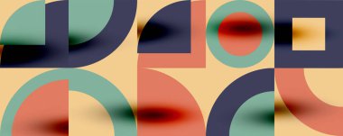 Neo memphis geometrik desenli daireler, kareler. Kapaklar, afişler, el ilanları ve posterler ve diğer şablonlar için pop sanatları soyut arka plan