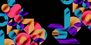 Renkli basit dinamik geometrik şekiller daire çizgileri ve yuvarlak şekiller oluşturur. Mozaik tekno sanat konsepti. Duvar Kağıdı, Sancak, Arkaplan, Kart, Kitap İllüstrasyonu, İniş Sayfası