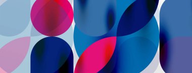 Mozaik geometrik elementler. Renkli daireler, yuvarlak geometrik şekiller ve gölgeli üç boyutlu çizgiler. Duvar kağıdı, pankart, şablon veya iniş için basit biçimler