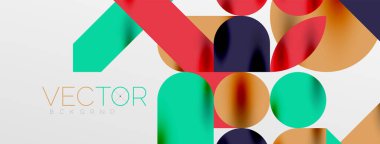 Mozaik geometrik elementler. Renkli daireler, yuvarlak geometrik şekiller ve gölgeli üç boyutlu çizgiler. Duvar kağıdı, pankart, şablon veya iniş için basit biçimler