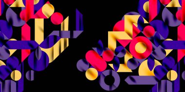 Renkli basit dinamik geometrik şekiller daire çizgileri ve yuvarlak şekiller oluşturur. Mozaik tekno sanat konsepti. Duvar Kağıdı, Sancak, Arkaplan, Kart, Kitap İllüstrasyonu, İniş Sayfası