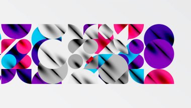 Renkli güzel daireler, yarı daireler, kareler ve yuvarlak üçgenler. Duvar kağıdı, afiş, arkaplan, kart, kitap illüstrasyonu, iniş sayfası için geometrik mozaik mozaik desen soyut arkaplan