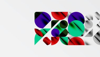 Renkli güzel daireler, yarı daireler, kareler ve yuvarlak üçgenler. Duvar kağıdı, afiş, arkaplan, kart, kitap illüstrasyonu, iniş sayfası için geometrik mozaik mozaik desen soyut arkaplan